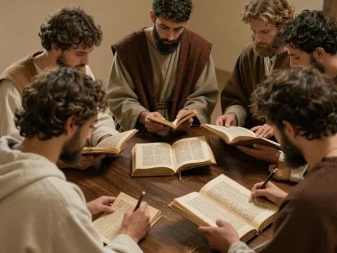 Early Christians Studying Ancient Texts Around a Wooden Table