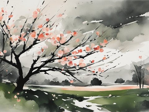 Early Spring Blossom Watercolor Landscape