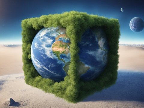 Earth Inside a Foliage-Covered Cube in a Surreal Landscape
