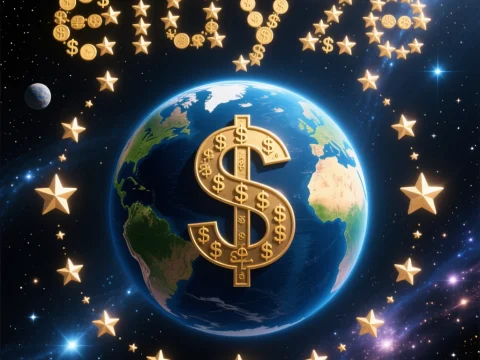 Earth with Golden Dollar Sign and Stars in Space