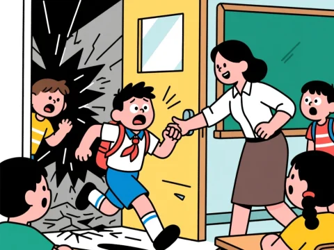 Earthquake Safety Cartoon Illustration in Classroom