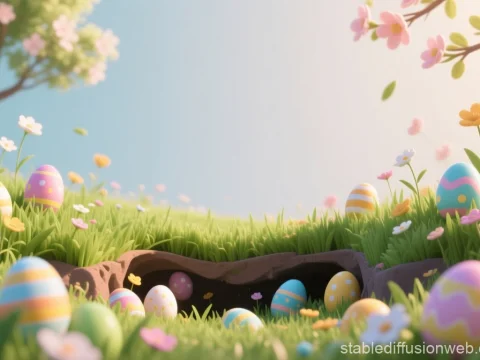 Easter Eggs Hidden in Spring Grass with Flowers
