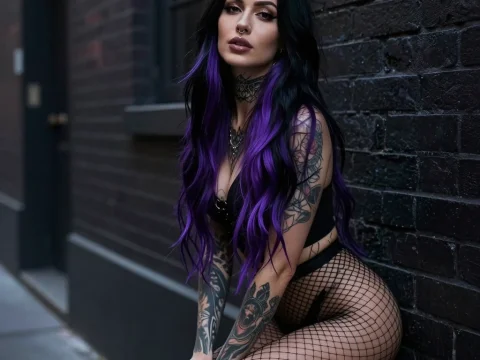Edgy Woman with Purple Hair and Tattoos in Urban Setting