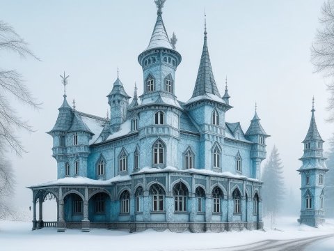 Eerie Blue Chateau in Snowy Winter Landscape