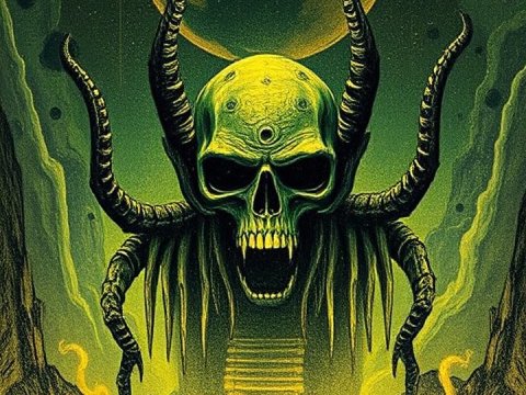 Eerie Cosmic Skull with Horns in a Mystical Landscape