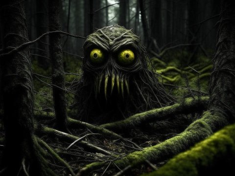 Eerie Forest Creature with Glowing Yellow Eyes