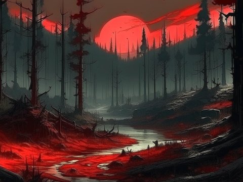 Eerie Forest Landscape with Red Moon and Stream