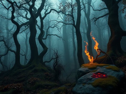 Eerie Forest with Mystical Flames