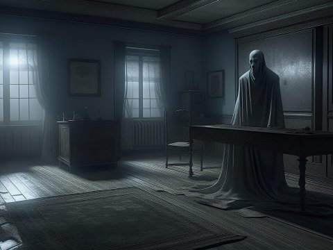 Eerie Ghostly Figure in Dimly Lit Vintage Room