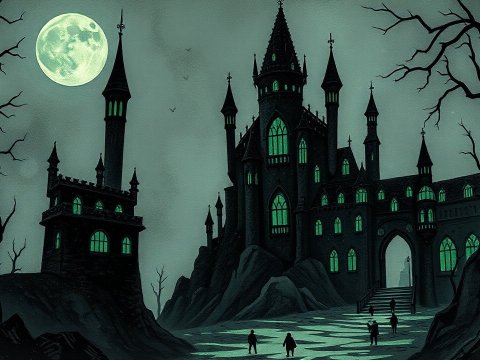 Eerie Gothic Castle Under a Full Moon