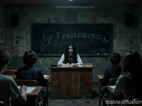 Eerie Gothic Classroom Scene with Dark Teacher
