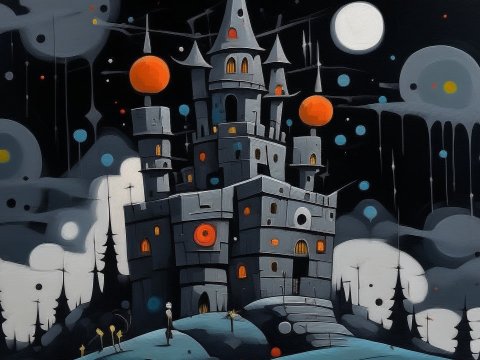 Eerie Gray Castle Under a Surreal Night Sky