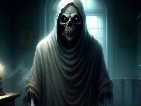 Eerie Grim Reaper in Dimly Lit Room