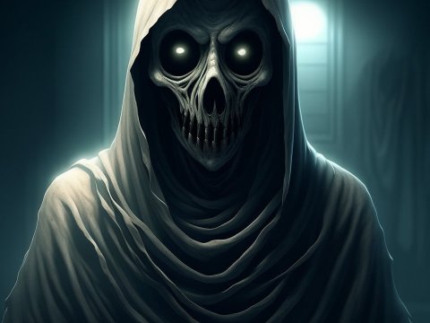 Eerie Hooded Skeleton with Glowing Eyes in Dark Corridor