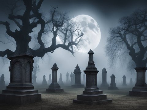Eerie Moonlit Cemetery with Ancient Tombstones