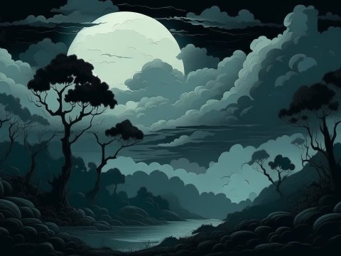 Eerie Moonlit Forest Landscape with Dramatic Clouds