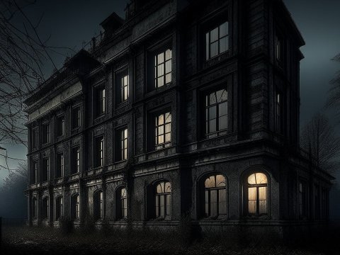 Eerie Old Mansion at Night with Lit Windows