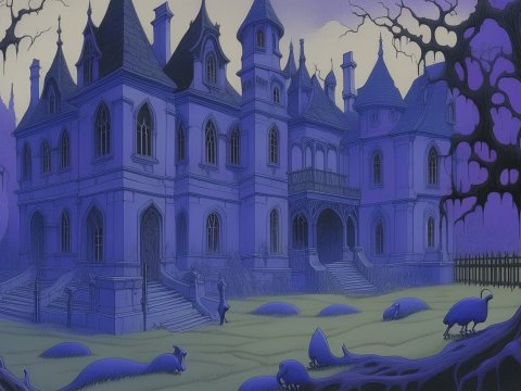 Eerie Purple Mansion in a Haunted Graveyard