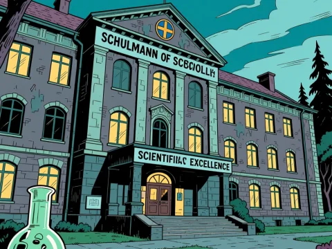 Eerie Sci-Fi Comic School Building at Dusk