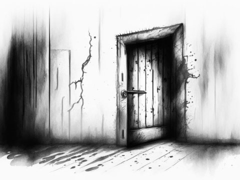 Eerie Sketch of a Cracked Door in a Dark Room
