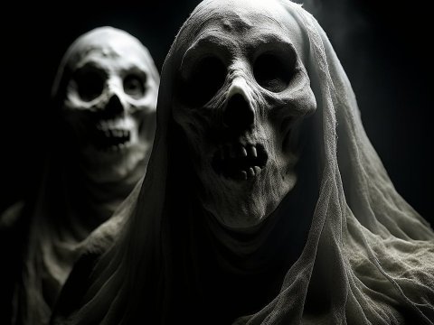 Eerie Skull Figures Draped in Tattered Cloth