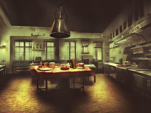 Eerie Vintage Kitchen with Dim Lighting and Culinary Setup