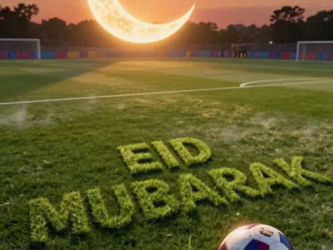 Eid Mubarak Greeting on Football Pitch at Sunset