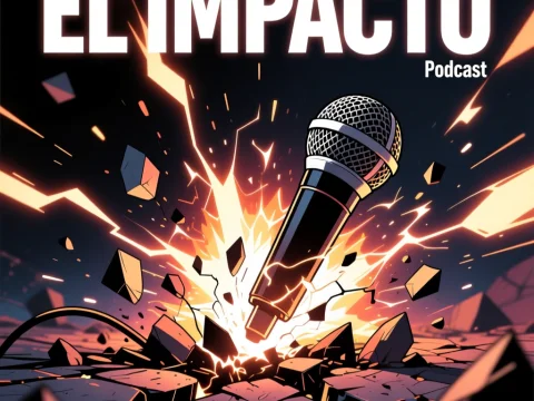 El Impacto Podcast Cover with Explosive Microphone