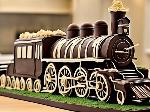 Elaborate Chocolate Train Cake with White Icing Details
