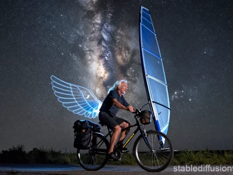 Elder Cyclist with Glowing Wings Under Starry Sky