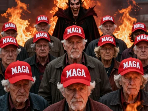 Elderly Group Wearing MAGA Hats with Demon in Fiery Background