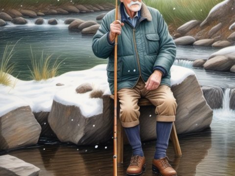 Elderly Man Fishing by a Snowy Stream