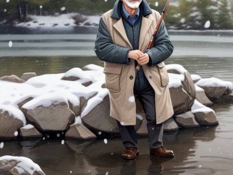 Elderly Man Fishing on a Snowy Winter Day
