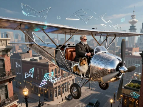 Elderly Man Flying Vintage Plane with Dog in Cityscape