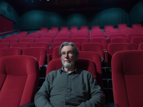 Elderly Man Sitting Alone in Empty Movie Theater