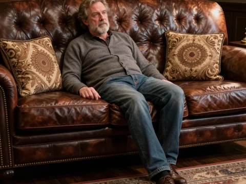 Elderly Man Sitting Thoughtfully on Leather Couch
