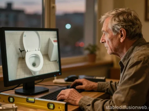 Elderly Man Viewing Toilet Image on Computer Screen