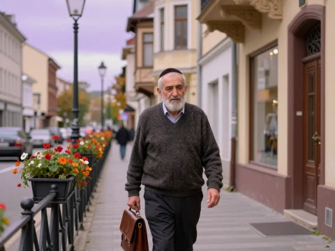 Elderly Man Walking on a European Street with Briefcase