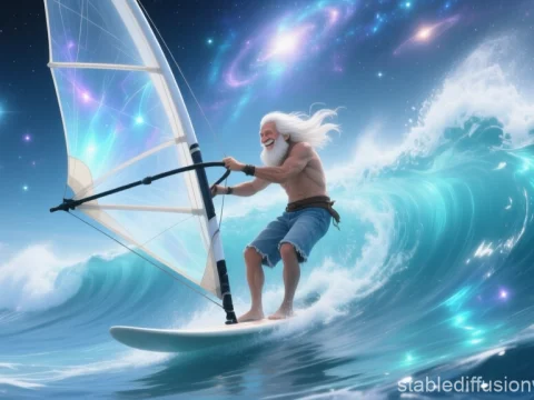 Elderly Man Windsurfing on a Magical Ocean Wave