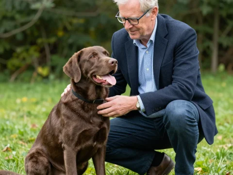 Elderly Man with Chocolate Labrador in a Park