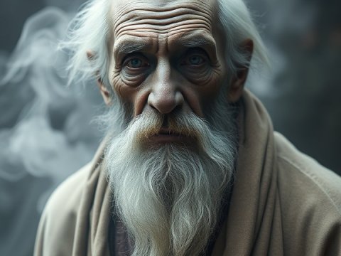Elderly Man with Flowing White Beard and Mystical Smoke