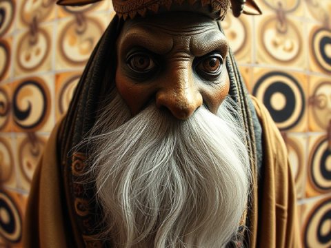Elderly Mystic with Ornate Bird Headdress in Fisheye View