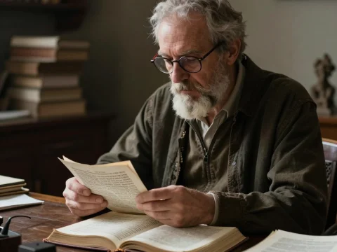 Elderly Scholar Deeply Studying Ancient Texts in a Quiet Library