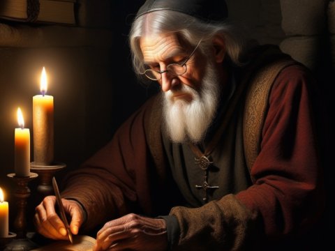 Elderly Scholar Writing by Candlelight