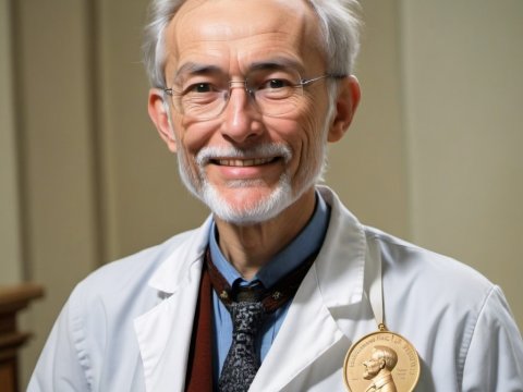 Elderly Scientist Wearing Nobel Prize Medal