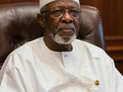 Elderly Senator in Traditional Attire Sitting in Office
