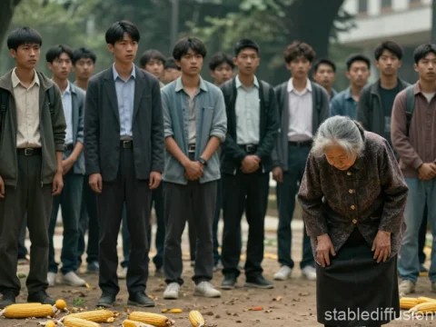 Elderly Woman Bowing Before Group of Students Outdoors