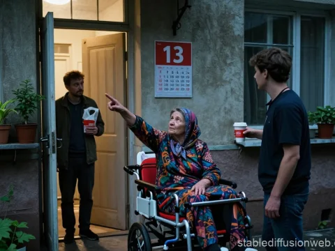 Elderly Woman in Wheelchair Pointing While Talking to Two Men Outside