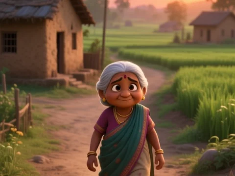 Elderly Woman Walking Through Rural Village at Sunset