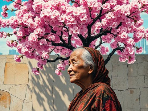 Elderly Woman with Blossoming Cherry Tree Crown